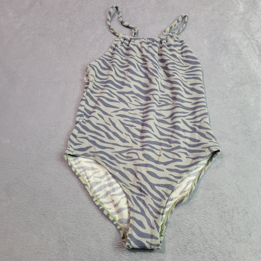 Zara Swimsuit Girls Size 8-9 Grey Green Zebra Animal Print Textured One Piece
